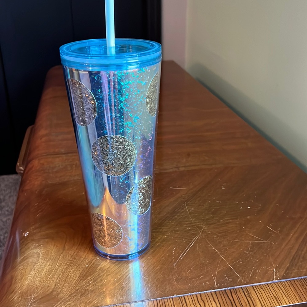 Venti Starbucks tumbler unused gold and green polka dot